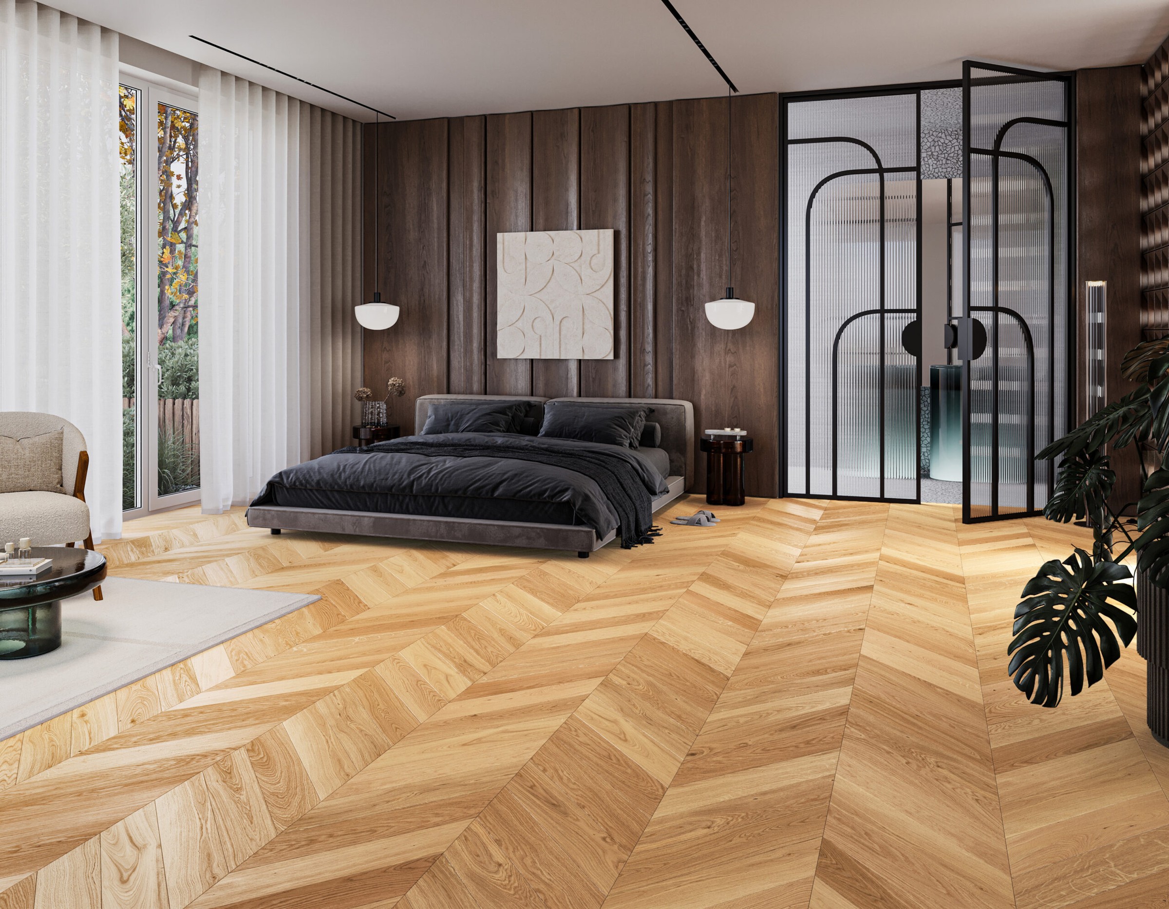 Barlinek Caramel Tölgy Chevron parketta, matt lakk, 130 x 725 mm