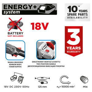 Akkus sarokcsiszoló, 125mm Energy+ 18V, akku nélkül