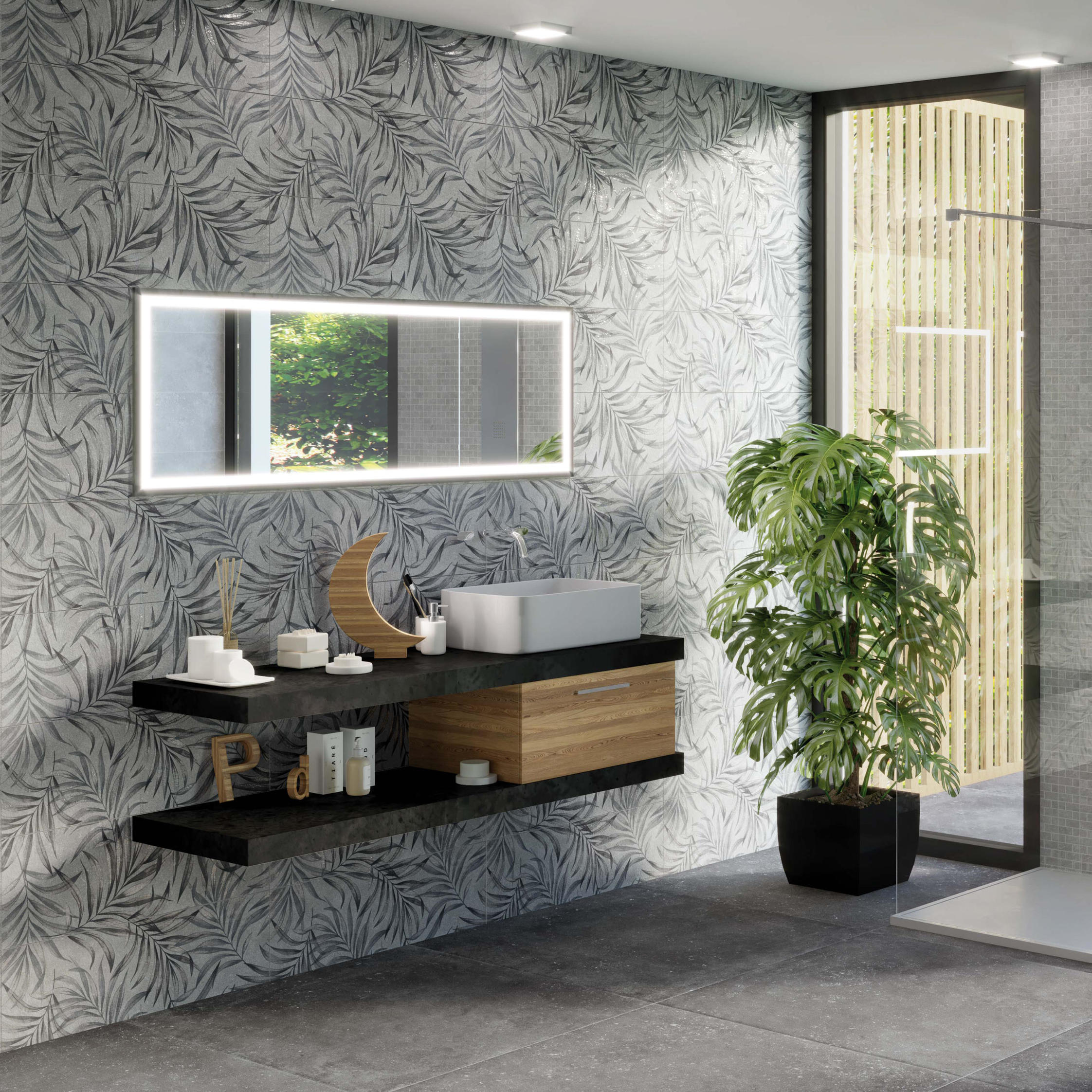 Lunart Brilla B Foglie Antracite csempe 25x75, natúr, rektifikált