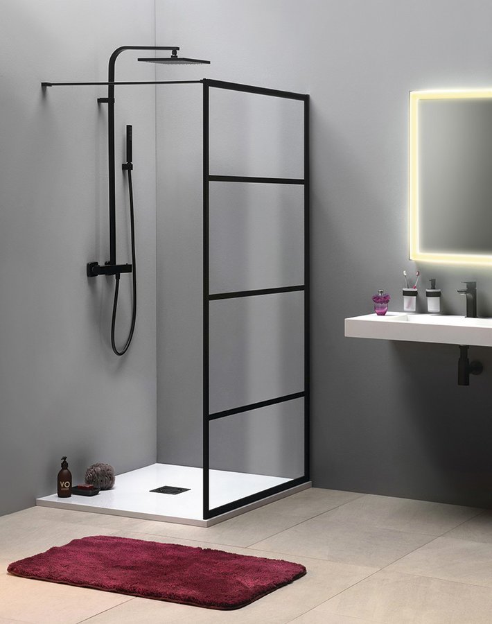 CURE BLACK fix zuhanyfal, 1100mm, transzparent üveg, matt fekete profil