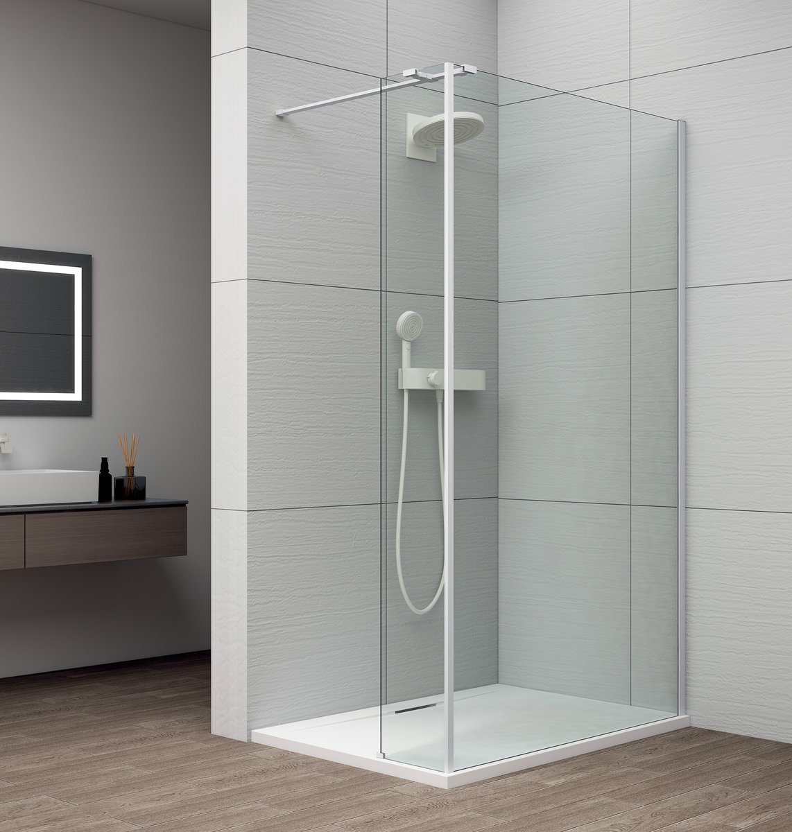 POLYSAN ESCA WHITE MATT Walk-in zuhanyfal kiegészítő oldalfallal, 1100mm, kieg.: 485mm, transzparent üveg