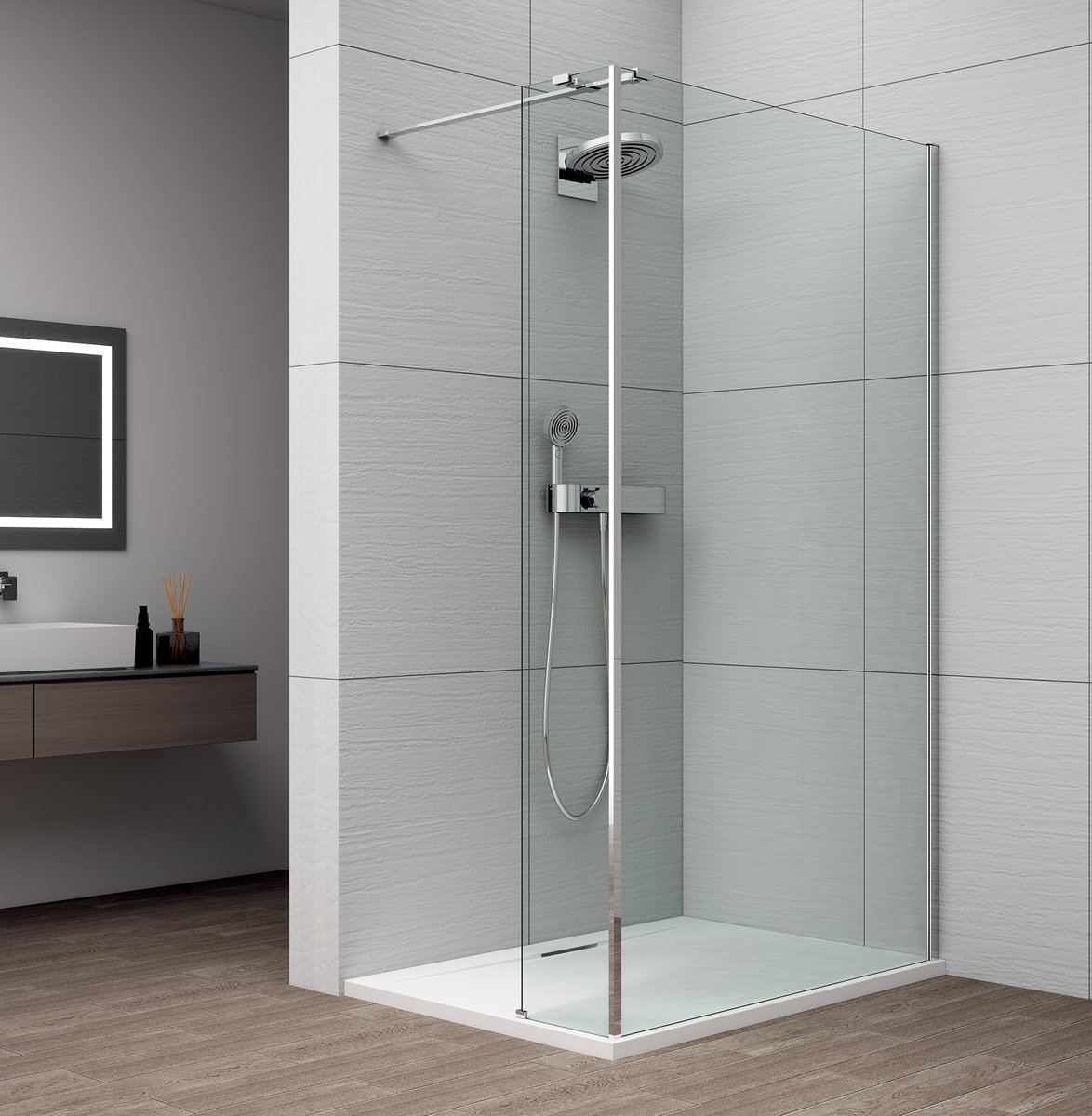 POLYSAN ESCA CHROM Walk-in zuhanyfal kiegészítő oldalfallal, 1200mm, kieg.: 485mm, transzparent üveg