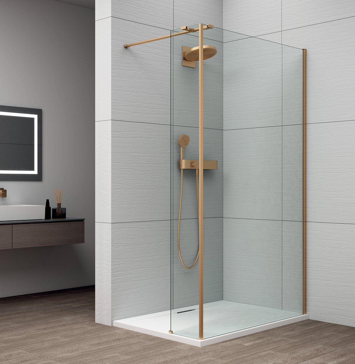 POLYSAN ESCA GOLD MATT Walk-in zuhanyfal kiegészítő oldalfallal, 1300mm, kieg.: 485mm, transzparent üveg