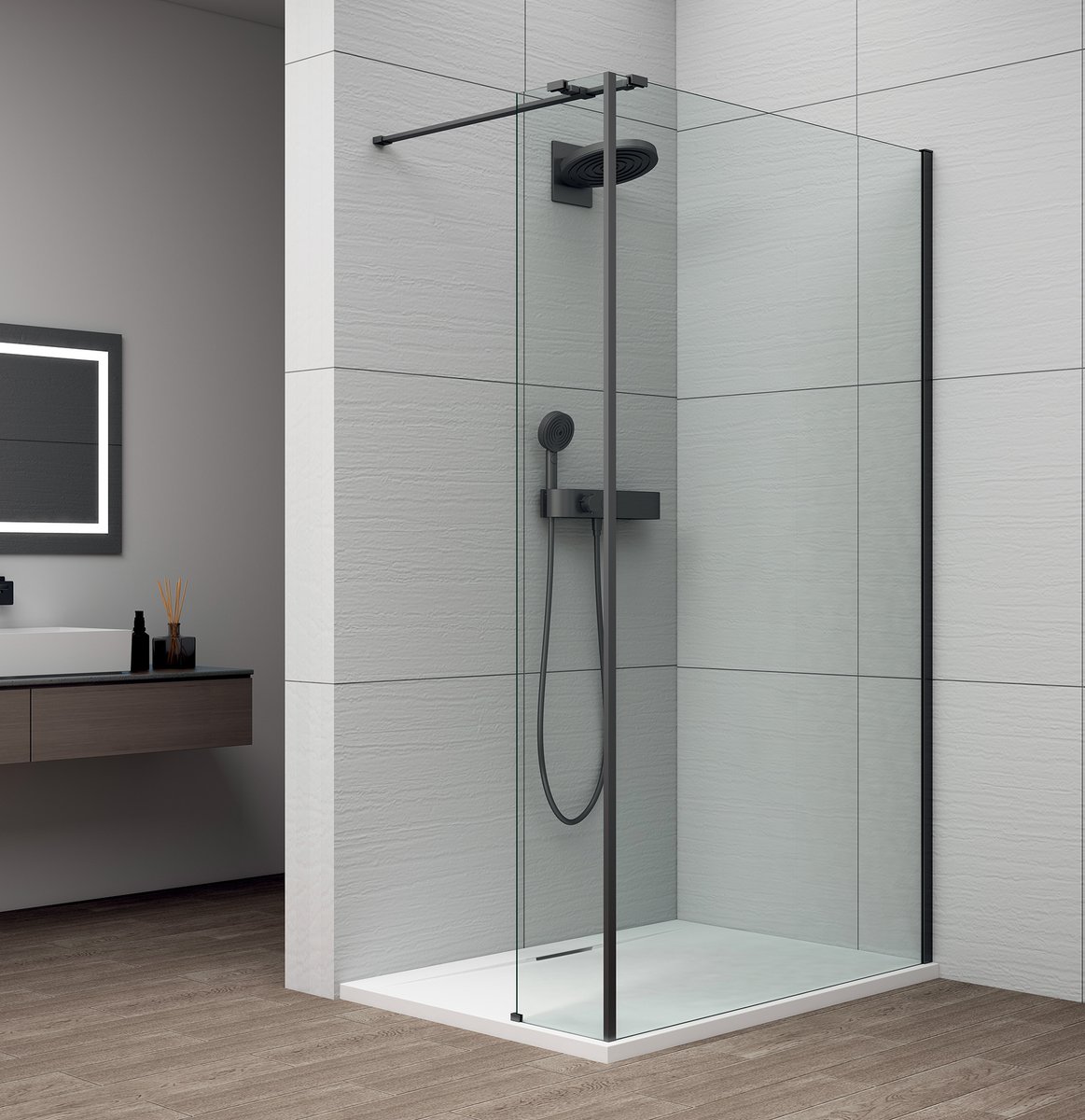 POLYSAN ESCA BLACK MATT Walk-in zuhanyfal kiegészítő oldalfallal, 900mm, kieg.: 485mm, transzparent üveg