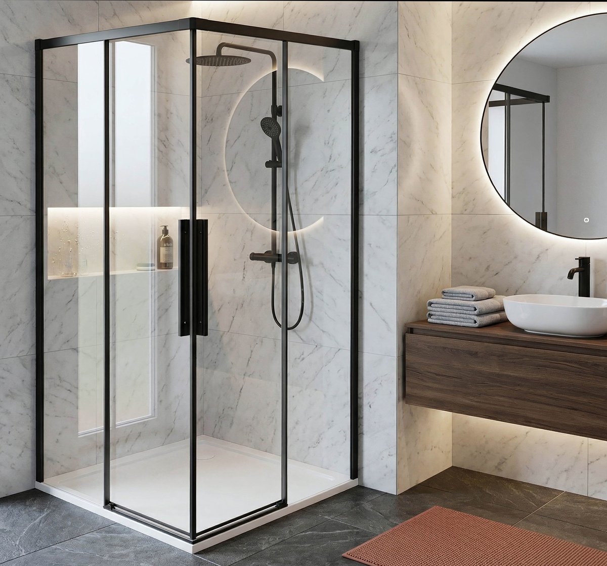 GELCO LUXOR BLACK zuhanykabin tolóajtóval, 1000x1000mm, sarokbelépős